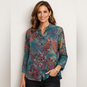 Chico's Teal Floral Silk Semi-Sheer Button Front Blouse Size 2
